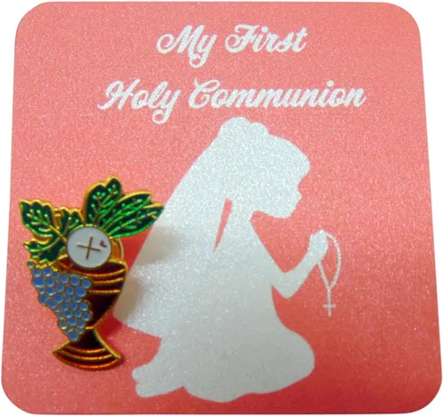 Vista 4 de Juego de pines de cáliz de primera comunión para niñas con paquete de tarjetas de oración sagrada, Metal, Sin gemas.