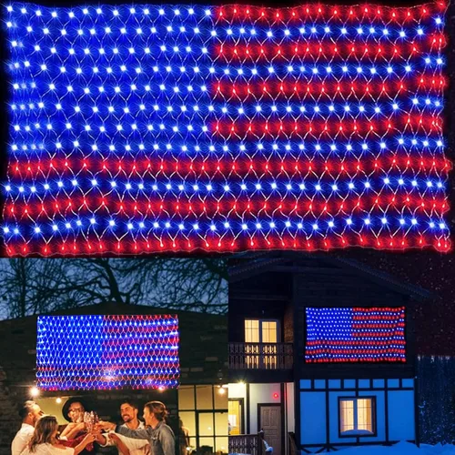 Vista 8 de Luces de bandera estadounidense, 420 luces LED de red de bandera de Estados Unidos, decoraciones del 4 de julio, decoración patriótica impermeable