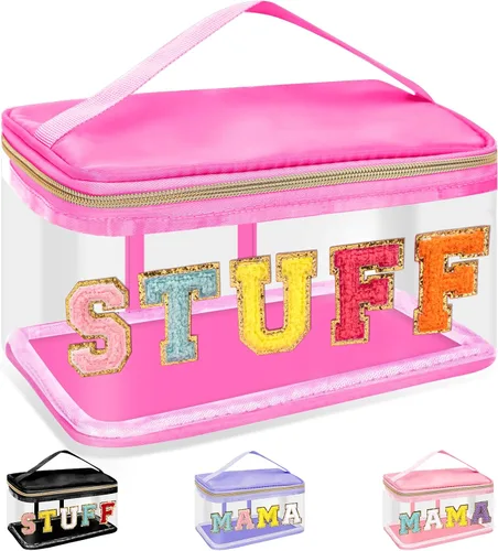 Vista 14 de izuzta Bolsas de maquillaje transparentes con letras de chenilla, bolsa de maquillaje de parche preppy con asa