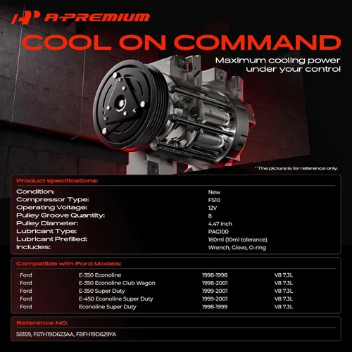 Vista 2 de A-Premium Compresor de aire acondicionado con embrague compatible con Ford E-450 Econoline Super Duty 1999-2001, E-350 Econoline Club Wago