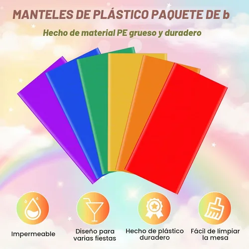 Vista 3 de Paquete de 6 manteles de plástico con temática arcoíris de 54 x