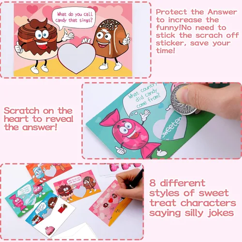 Vista 4 de Paquete de 40 tarjetas de chistes de San Valentín para niños con sobres, calcomanías de comida dulce, tarjetas de intercambio para el día de San