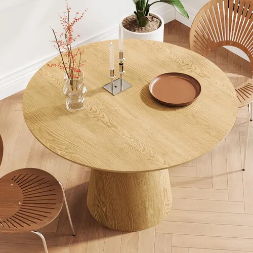 Vista 25 de JUSTONE Mesa de comedor redonda de 47.2'' para 4 personas, mesa de cocina moderna de madera con diseño de rejilla circular base de pedestal, mesa