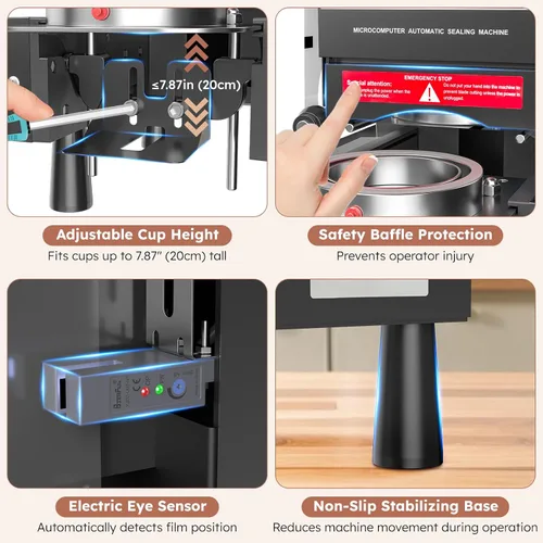 Vista 5 de Máquina de sellado de tazas, sellador automático completo de tazas, máquina Boba eléctrica de 88/89/90/3.740 in, 600 tazas/H, vasos de plástico