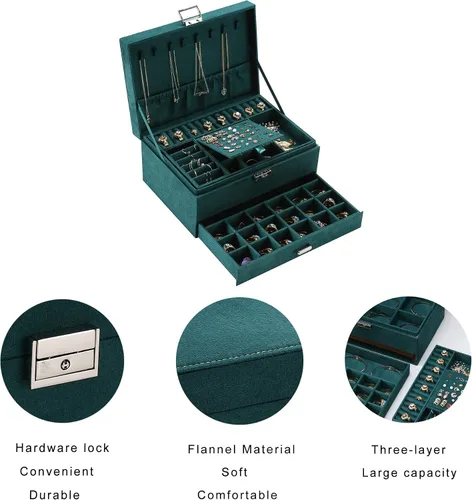 Vista 6 de ZUZOOQ ZUZ002A - Caja organizadora de joyas de terciopelo de 3 capas con cerradura para anillos collares aretes verde 94 x 67 x 43in