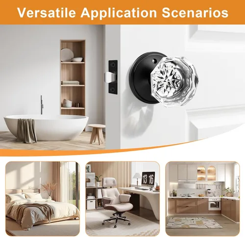 Vista 6 de Gobrico Pomo de puerta de cristal para dormitorio y baño con roseta clásica negro mate, diamante transparente octogonal para puerta interior, 1