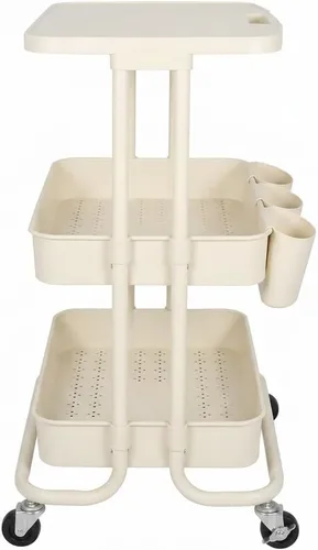 Vista 6 de Carrito rodante de 3 niveles con mesa de almacenamiento, carrito blanco con tazas y ganchos, marco de metal con cestas de plástico, carritos móviles