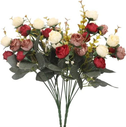 Vista 9 de Duovlo 7 ramas de 21 cabezas de rosas artificiales, ramo de flores artificiales para decoración de boda, hogar, oficina, paquete de 2
