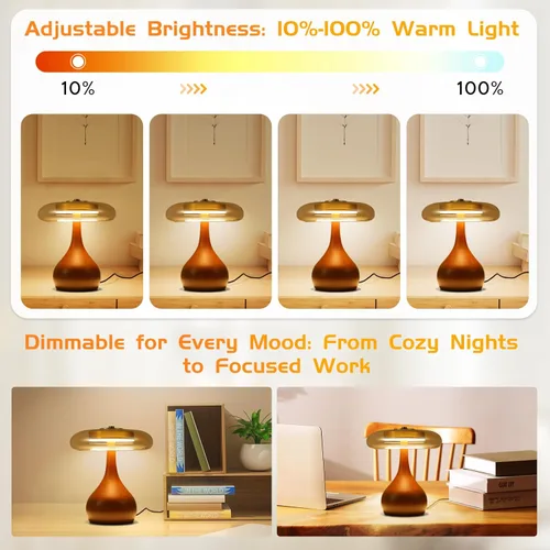 Vista 3 de Lámpara de mesa pequeña para dormitorio - lámpara de mesa con base de madera en forma de hongo lágrima, pantalla de vidrio ámbar, LED de tres