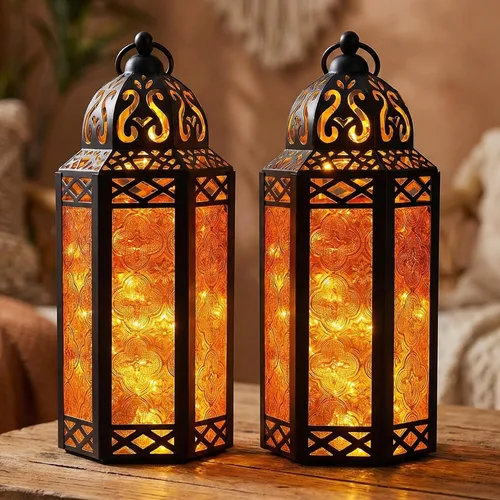 Vista 45 de VELA LANTERNS Juego de 2 portavelas decorativos de LED con luces de hadas de 12" de metal marroquí para colgar o mesa, decoración del hogar