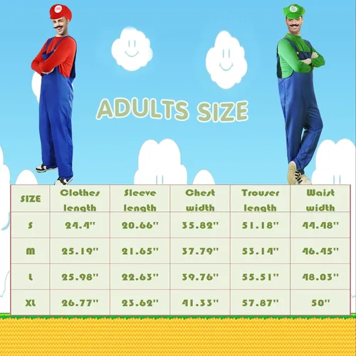 Vista 6 de Vermeyen Disfraz de Super Brothers para niños y adultos, traje de fontanero con sombrero, bigote, guantes, accesorio para disfraz de Halloween