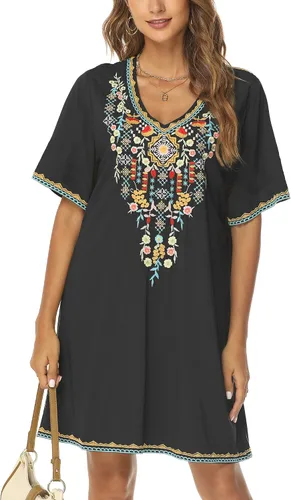 Vista 4 de Grosy Vestidos bordados de campesino mexicano para mujer vestido bohemio de fiesta de talla grande para mujer túnica tradicional floral bohemia