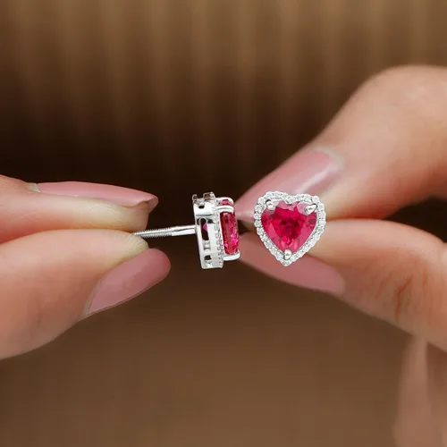 Vista 8 de 3.5 CT Lab Created Ruby and Moissanite Earrings, Created Ruby Stud Earrings with Moissanite Halo, Created Ruby Heart Stud Earrings, 14K Solid Gold