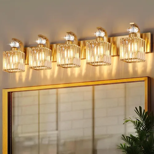 Vista 19 de Lámpara Moderna de Tocador de Baño, Luminarias de Baño de 4 Luces Negro Dorado Sobre Espejo, Aplique de Pared de Cristal de 28.4