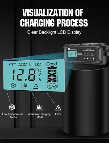 Vista 5 de ECO-WORTHY Cargador de batería LiFePO4 10A de 12 V, cargador y mantenedor de batería de litio inteligente, cargador de goteo y desulfatador