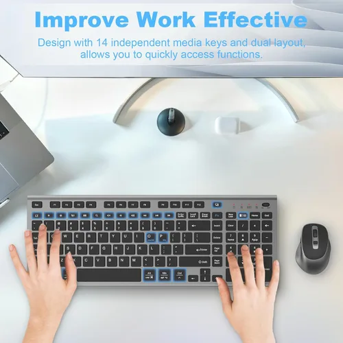 Vista 2 de FENIFOX - Teclado y mouse inalámbricos recargables, con teclado numérico, color gris Quiet Silent, Slim Thin Flat Low Profile Soft Key, USB C