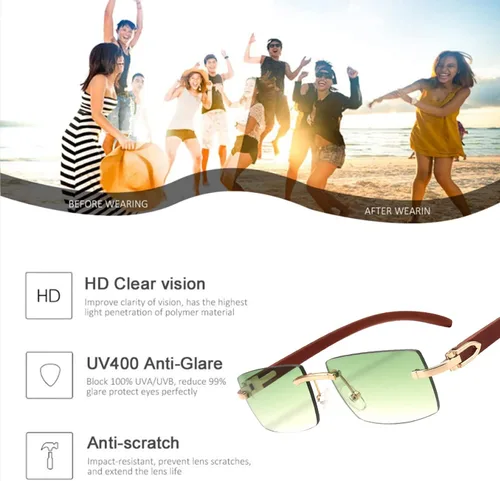 Vista 7 de Dollger Lentes de sol rectangulares sin montura para hombres y mujeres, hip-hop de madera, pequeños lentes de sol cuadrados sin marco de los años 70