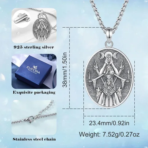 Vista 159 de EUDORA Collar de plata de ley 925 con moneda Hécate, Athena, Perséfono, Nyx, diosa de la luna triple, diosa celta, rueda de Hécate, llave, regalo