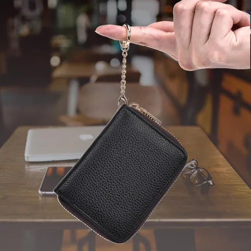 Vista 6 de Tarjetero para mujer, con bloqueo Rfid, pequeño y compacto con cierre de cremallera, tarjetero de identificación con llavero, bolso impermeable