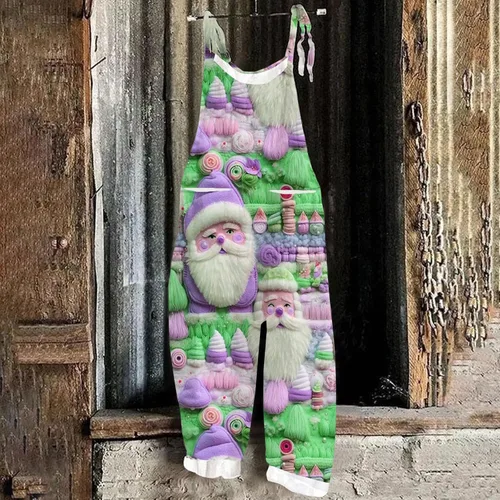 Vista 2 de Monos navideños en 3D para mujer, monos largos de bolsillo, con tirantes de espalda para vacaciones