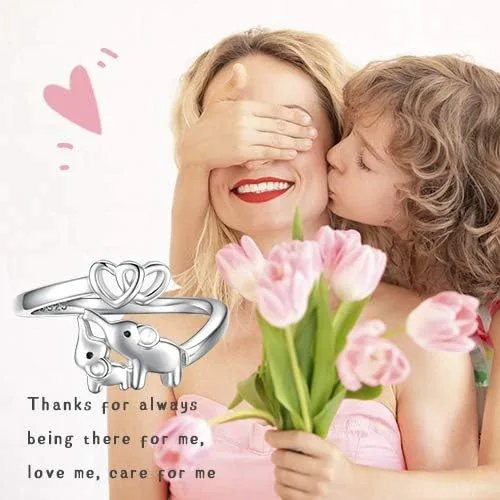 Vista 6 de Anillo de Elefante Mamá Hija Plata de Ley 925 Ajustable Anillos de Dedo Corazón de Amor Colgante para Mujeres Esposa Mamá Nana Hija Regalo de Joyería