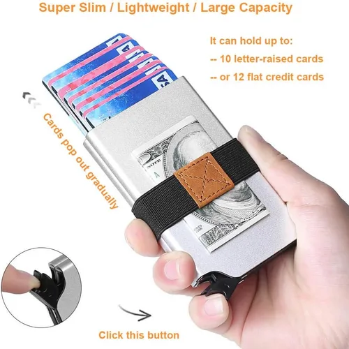 Vista 5 de Portatarjetas desplegable UpLook RFID Slim Wallet Card Case con clip magnético, Funda doble plateada, Minimalista