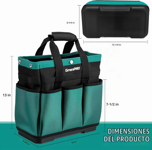 Vista 2 de GrenPRO Bolsa de herramientas de jardín con parte inferior moldeada, caja de herramientas resistente con 10 bolsillos, cierre reforzado y superior a