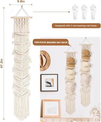Vista 2 de AceList Paquete de 2 organizadores de sombreros para gorras de béisbol (hasta capacidad para 32) – Perchero bohemio para colgar en la pared