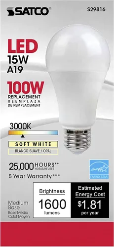 Vista 4 de Satco Lighting S29816 - Bombillas LED regulables A19 de 15 W, esmeriladas, 3000 K, base media E26, ángulo de haz de 220 grados, 120 voltios