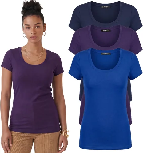 Vista 67 de Emmalise - Camiseta de manga corta para mujer, cuello redondo, estilo básico, pack de valor, tallas junior y grandes