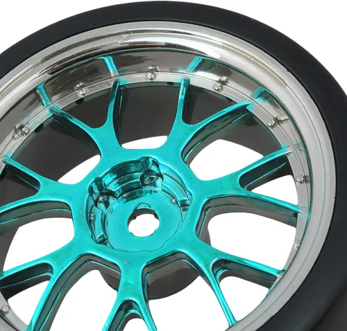 Vista 7 de Llanta de plástico azul en forma de Y con neumáticos lisos para RC 1:10 On-Road Racing Car y Drift Car Pack de 4