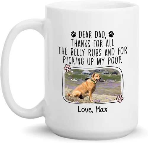 Vista 10 de Taza de café blanca personalizada con foto, con texto en inglés «To The World's Best Dog Dad We Woof You», taza de café blanca de 11 onzas y 15