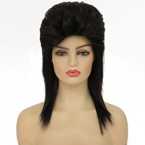 Vista 2 de Swiking Pelucas negras de salmonete para mujer, rizado hasta el hombro, pelo esponjoso de los años 70 y 80, Rocker Party Cosplay Pelucas sintéticas