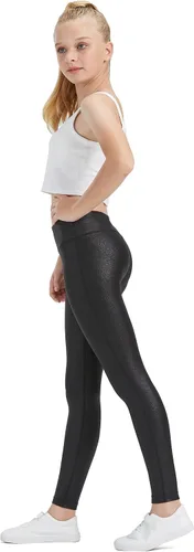 Vista 2 de HARTPOR Leggings de piel sintética para niñas, leggings de piel elástica de cintura alta, pantalones de cuero para adolescentes