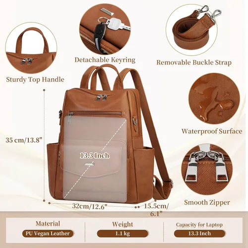Vista 5 de RAINSMORE Mochila convertible para mujer, de piel sintética, impermeable, a la moda, de 13.3 pulgadas, antirrobo, bolsa de hombro cruzada