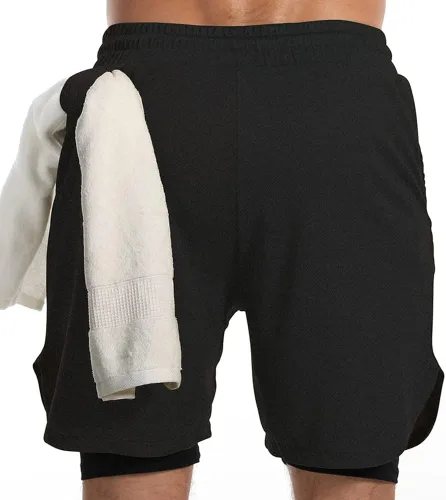 Vista 2 de FLYEVEA Pantalones cortos de entrenamiento 2 en 1 para hombre, atlÃ©ticos, yoga, gimnasio, 7 pulgadas, ropa corta con bolsillos laterales