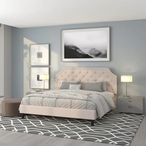 Vista 24 de EMMA + OLIVER Base de cama tapizada con diseño arqueado y diseño capitoné en tela beige