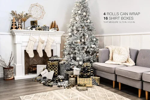 Vista 6 de American Greetings - Rollos de papel de regalo de Navidad de aluminio, envoltura de regalo festiva metálica en amarillo dorado y negro