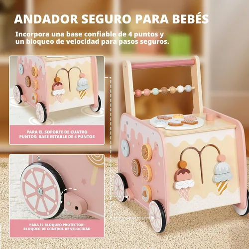 Vista 5 de Caminador de bebé de madera, juguete de actividad con carro de helados multifuncional para aprender a empujar y caminar con ruedas, juego