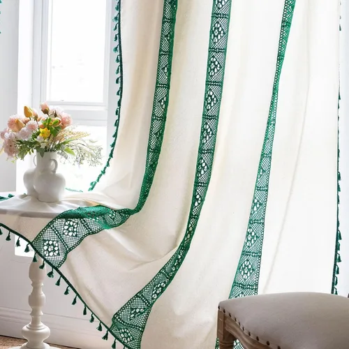 Vista 14 de Deeprove - Cortinas bohemias de 63 pulgadas de largo para dormitorio, rayas de lunares de punto hueco beige y patchwork de algodón y lino crema