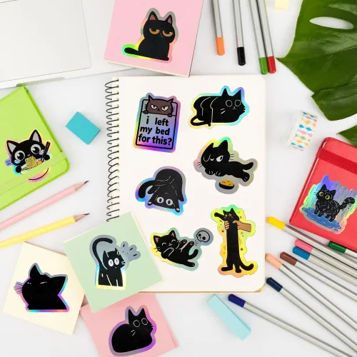Vista 6 de 110 calcomanías holográficas de gato negro, divertidas y lindas calcomanías de vinilo de gato vacío, calcomanías impermeables con brillo de arcoíris