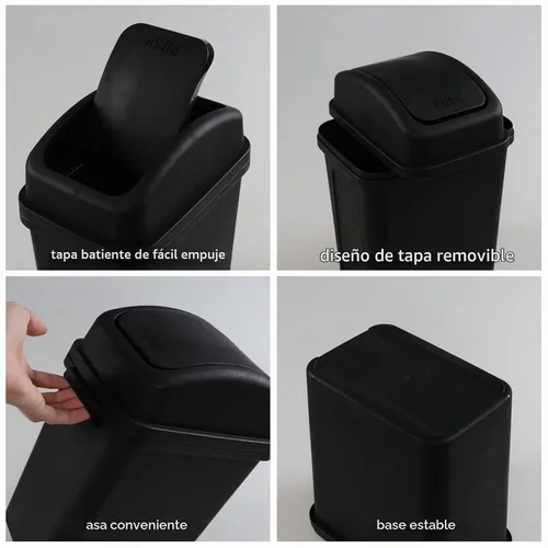 Vista 2 de Juego de 4 botes de basura pequeños de 7 litros con tapa giratoria, cubo de basura de plástico negro