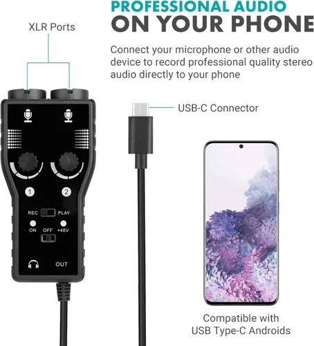 Vista 4 de Movo Kit de grabación de podcast para teléfonos inteligentes, paquete de 2 micrófonos de condensador, 2 soportes de micrófono de escritorio, 2