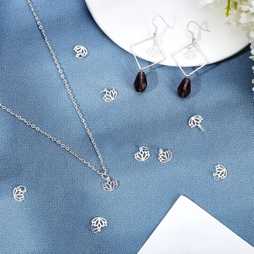 Vista 4 de CHGCRAFT 20 dijes de plata de ley 925 de 0.394 pulgadas con diseño de flor de loto para yoga, dijes de loto ahuecados de plata con anillo de salto