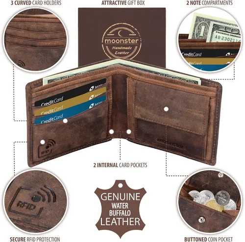 Vista 2 de Moonster Cartera de cuero para hombre con bloqueo RFID mantiene el efectivo y las tarjetas seguros organizados y de fácil acceso carteras delgadas