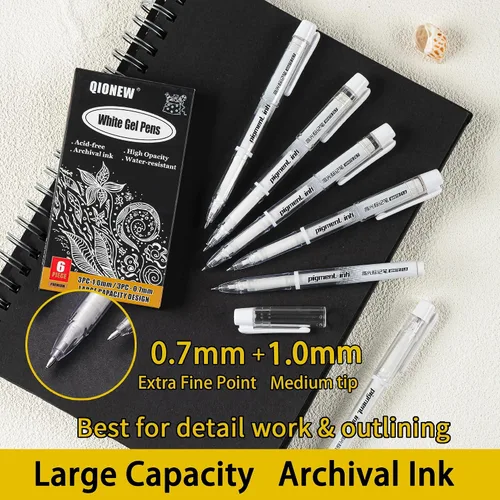 Vista 3 de Qionew Bolígrafos de gel blancos, 1mm, 0.7mm de punta fina con tinta opacas blancas archivables para dibujo en papel negro, resaltado artístico