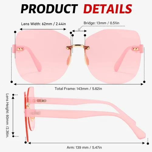 Vista 2 de Przene Lentes de sol sin montura para mujeres y hombres, vintage, rectangulares, sin marco, protección UV, para mujeres y hombres, para mujeres