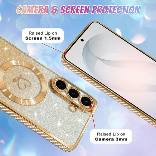 Vista 454 de Bonoma - Funda compatible con Samsung Galaxy S21 Plus, diseño de corazón con purpurina, color rosa Support for MagSafe, Plating Magnetic Case TPU