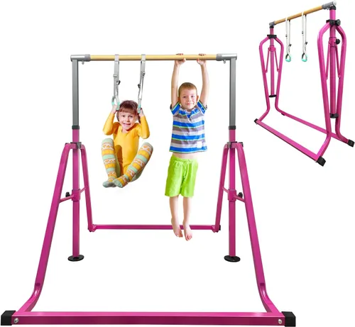 Vista 15 de GLANT Barra de gimnasia para niños con juego de anillos, 7 alturas ajustables, fácil de plegar, barra de entrenamiento de gimnasia para niños
