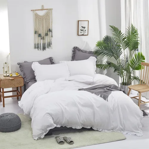 Vista 5 de CLOTHKNOW juego de edredón blanco de tamaño queen con volantes, ropa de cama de estilo granja, juegos de edredón shabby chic para todas las Volantes
